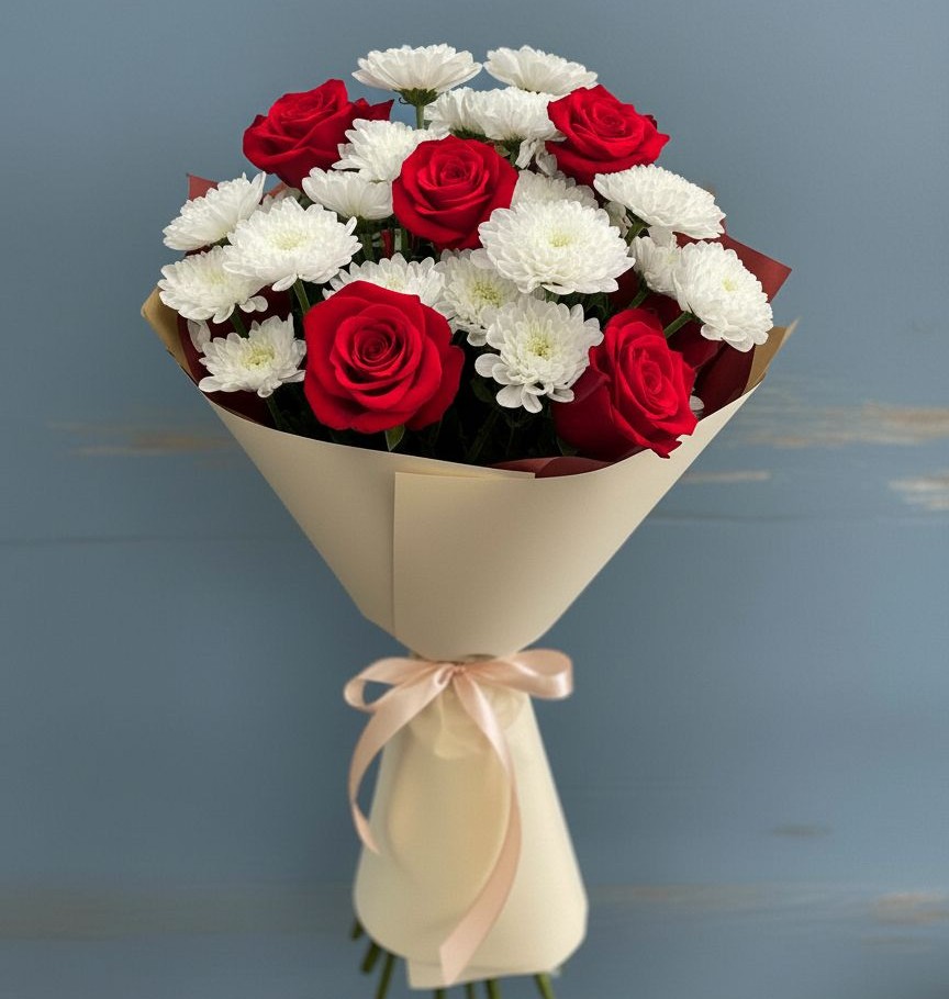 Букет романтическая гармония в Санамере Букет цветов из: Розы и Хризантемы в Санамере