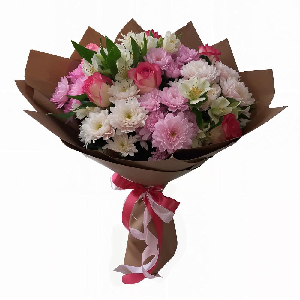 Букет Розовое очарование в Санамере Букет цветов из: Хризантемы, Альстромерии и Розы в Санамере